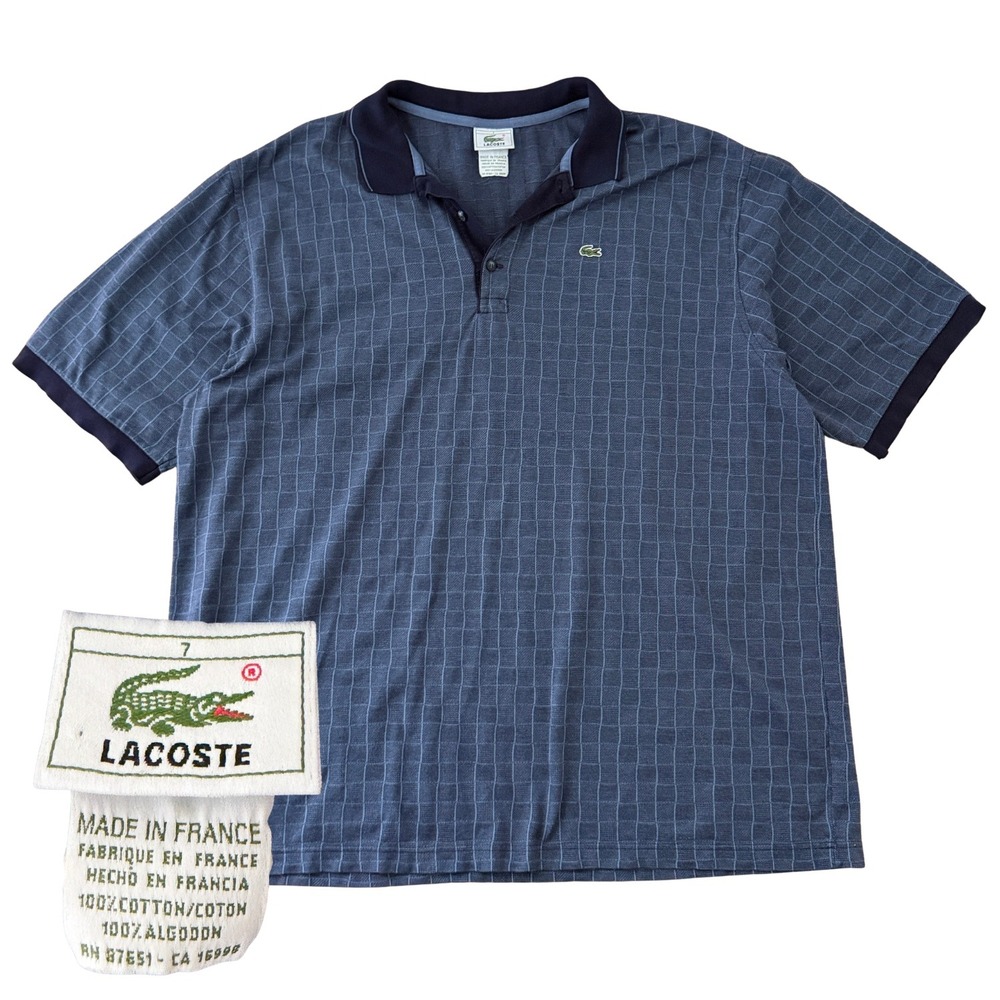 VTG Lacoste Made in France Blue Grid Knit Cotton Polo Mens 7 XL Preppy